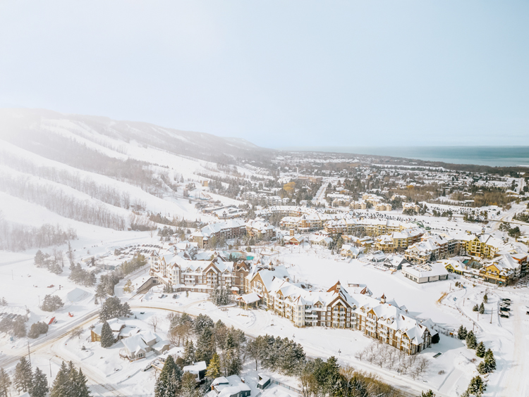 Blue Mountain Village aerial view with Georgian Bay