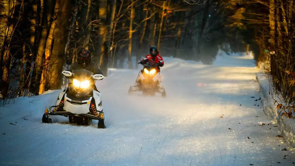 숲을 통해 손질 된 산책로를 타고 두 스노 모빌