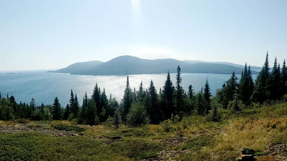 Eine Wiese und ein Wald führen zu einem ruhigen See mit hügeligen Inseln im Hintergrund.