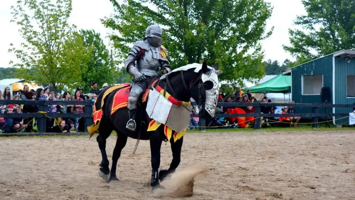 용감한 기사가 군중 앞에서 말을 탄다