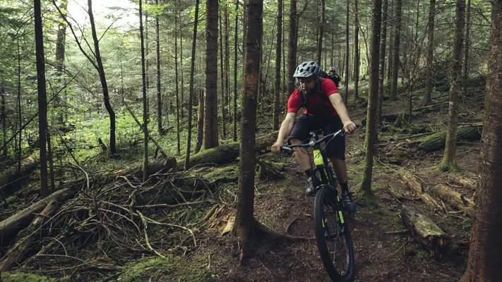 Ein Mann fährt mit dem Mountainbike auf einem schroffen Waldweg.