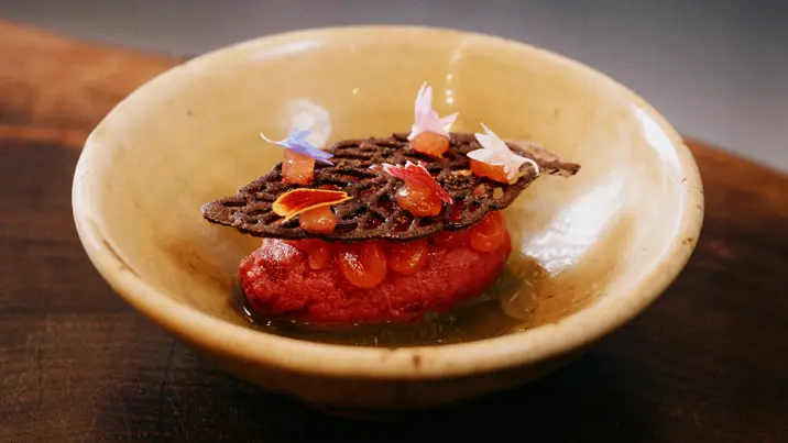 A vibrant Indigenous dessert featuring a berry sorbet topped with edible flowers and a crisp chocolate tuile, artfully presented in a ceramic bowl.