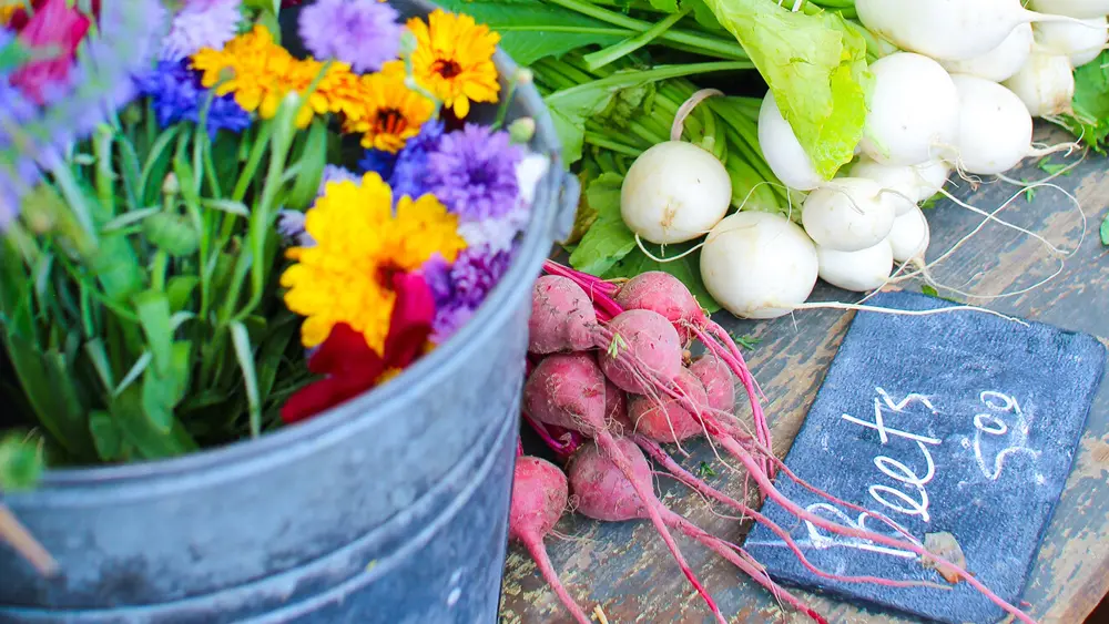 킹스턴의 농산물 시장에서 판매되는 신선한 꽃, 비트, 양파.