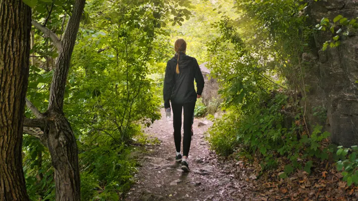 A woman hiking along a forest path surrounded by lush green woods with sunlight filtering through the trees.