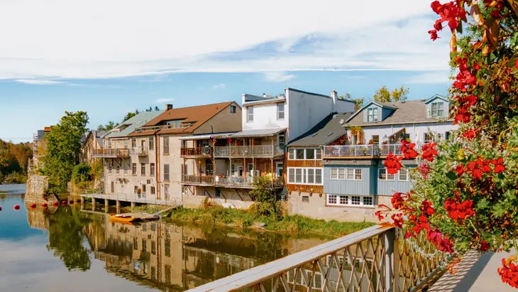 엘로라 호숫가 주택이 고요한 물에 반사되어 있고, 밝은 붉은 꽃으로 둘러싸여 있습니다.