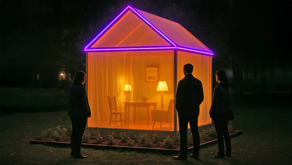 Ein Mann steht vor einem beleuchteten hausähnlichen Gebäude. Darin befindet sich ein Wohnraum mit Stühlen, Lampen und einem Tisch.