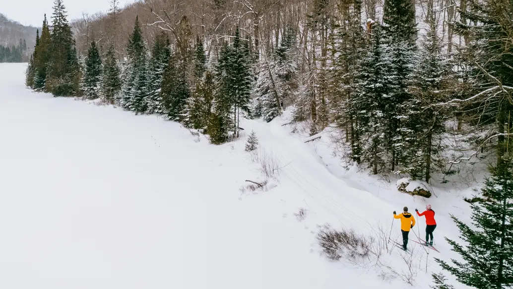 ストークリー クリーク ロッジの森沿いの雪道でクロスカントリー スキーを楽しむカップル。