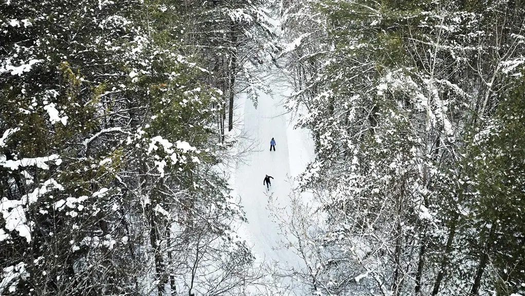 Aerial view of two people ice skating along a well-maintained skate trail through the forest at Arrowhead Park.
