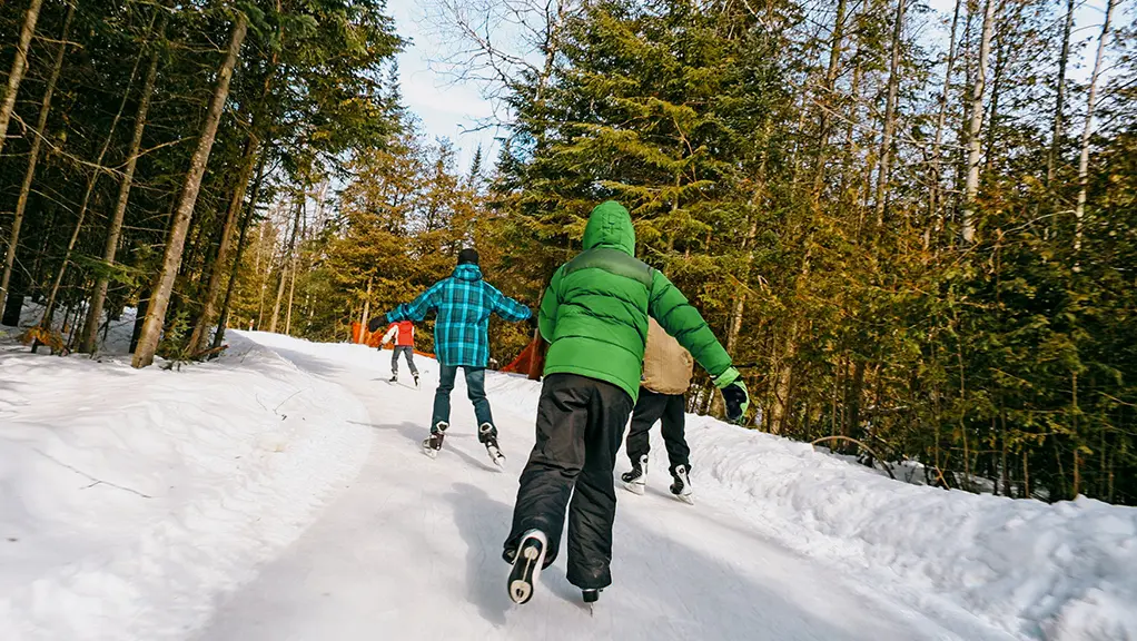 Enfants en patins faisant la course sur une piste glacée et bordée de neige traversant une forêt.