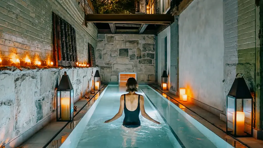 Personne se détendant dans une étroite piscine thermale extérieure entourée de bougies et de lanternes, en soirée.
