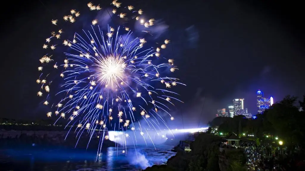 Fireworks light up the sky over Niagara Falls.