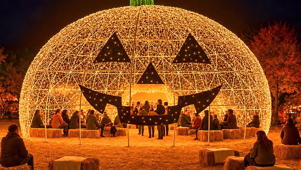 屋外のハロウィーンイベントにて、干し草の俵や人々に囲まれた、ジャック・オ・ランタンの顔が描かれた大きなライトアップ・カボチャ型オブジェ。