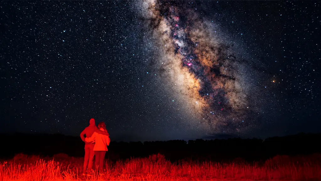 Two people stand together in a grassy field illuminated by red light, gazing up at the star-filled night sky and the bright Milky Way.