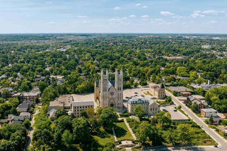나무가 늘어선 거리와 도시 경관에 둘러싸인 쌍둥이 첨탑이 있는 성모 무염 성당이 있는 궬프 도심의 공중 사진입니다.
