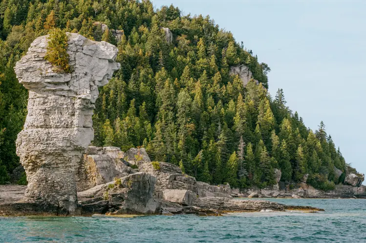 토버모리의 플라워팟 섬 해안선에서 솟아오른 거대한 화분 바위 지형, 배경에는 숲이 우거진 절벽이 보입니다.