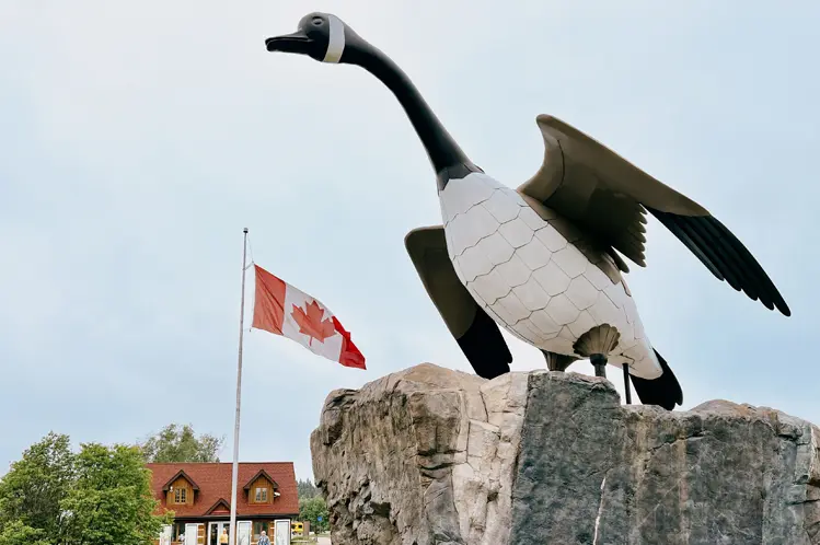 Large black and white Wawa Goose monument with wings outstretched, perched on a tall rock, with a Canadian flag and a building in the background.