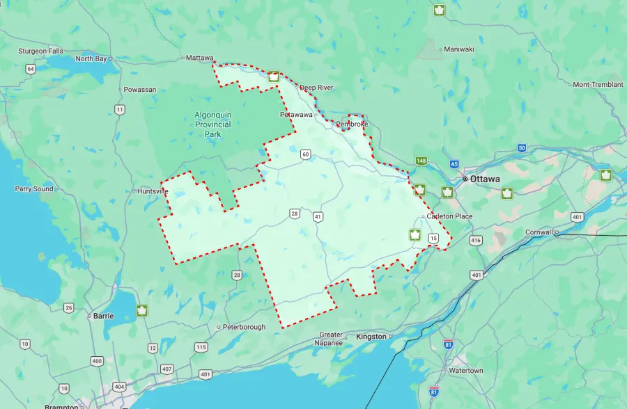 Mapa de las Tierras Altas de Haliburton hasta el Valle de Ottawa
