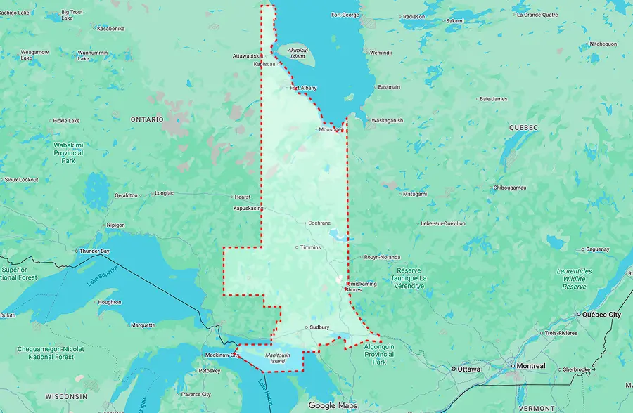 Mapa del noreste de Ontario