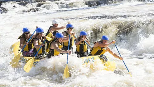A group navigates their raft through whitewater rapids