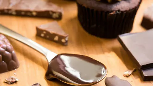 Eine Nahaufnahme von Metalllöffel mit Schokolade überzogen, umgeben von einem Schokoladenkuchen und Schokoladenrinde.