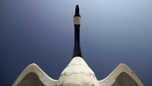 From underneath the Wawa goose sculpture as it appears to soar through the sky