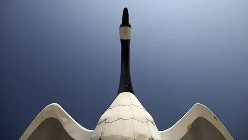 From underneath the Wawa goose sculpture as it appears to soar through the sky