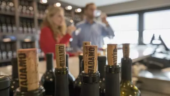 남자와 여자가 배경에서 와인을 즐기는 동안 와인 병에 코르크