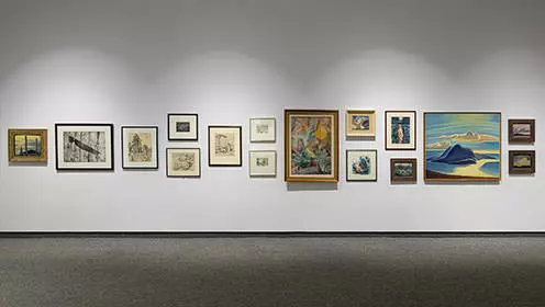 A wall at the Tom Thompson Art Gallery lined with different sized art peices in unique frames.