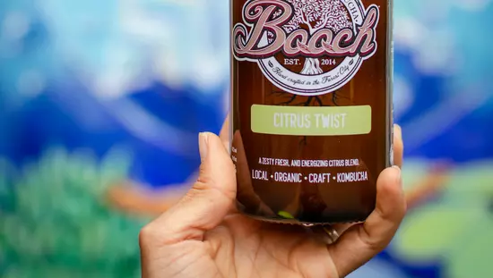 Hand holding bottle of Booch with label Citrus Twist