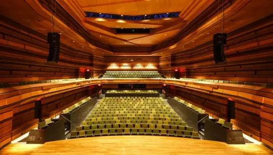 Escenario de sala de conciertos frente a filas de asientos en la parte trasera con techo de madera tallada con iluminación tenue