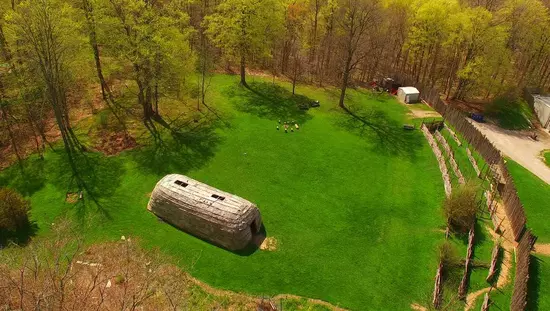 Aboriginal brown longhouse in middle of large green lawn surrounded by forest with wood palisades along one side