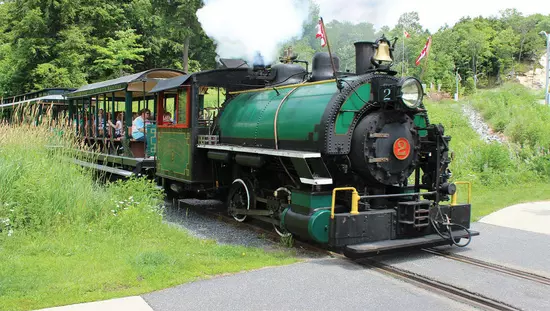 蒸気の頭が森から道路の交差点に現れる観光客と一緒に開いた車を引っ張るシングルトラックの蒸気エンジン