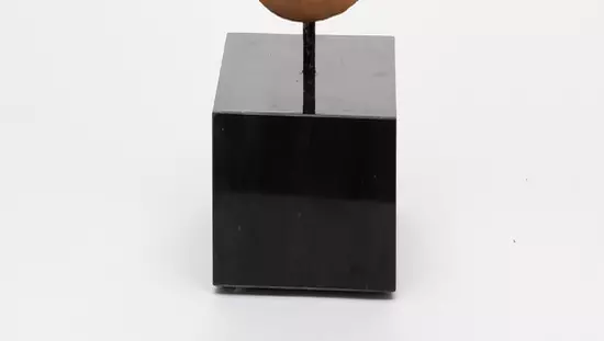 Sculpture abstraite en nuances et tintes d'un rose tirant sur le brun avec extrémités arrondies et des courbes gracieuses installée sur un socle noir rectangulaire.