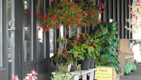 Blumenkörbe schmücken die Außenseite eines Boutique-Lebensmittelgeschäfts