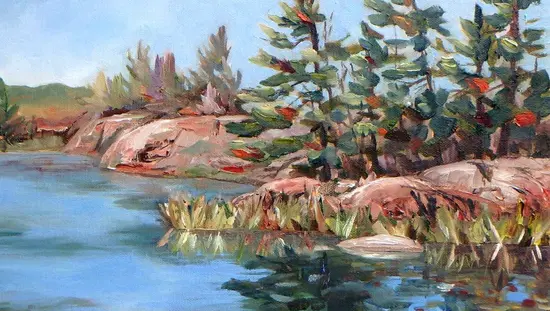 A water painting of trees beside a body of water