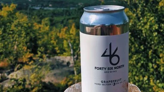 Une boîte de seltzer dur se trouve sur un accoudoir avec la forêt en arrière-plan