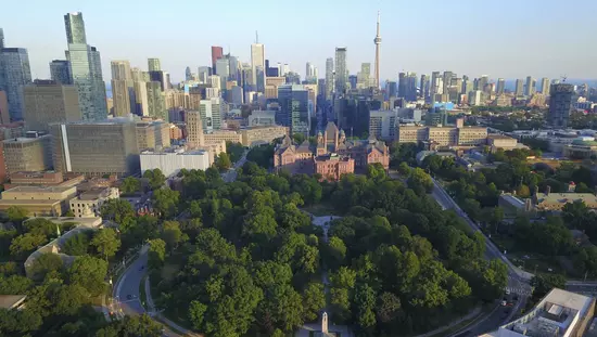 Une vue plongeante sur les grands immeubles et les parcs de Toronto