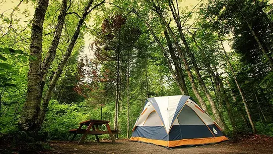 Ein Zelt und ein Picknicktisch auf einem Campingplatz