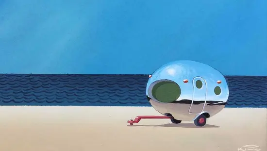 ビーチでトレーラーをフィーチャーした水彩画