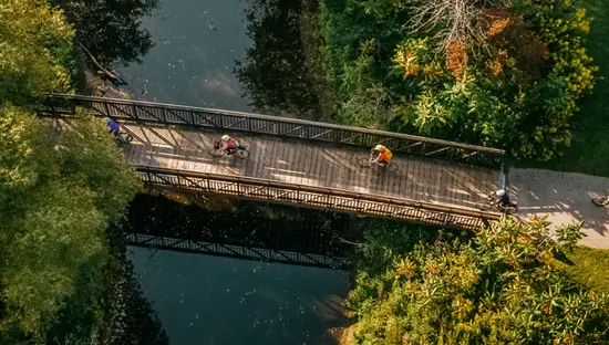 Luftaufnahme von Radfahrern, die eine Holzbrücke über einen ruhigen Fluss überqueren, umgeben von dichtem Grün und offenen Grasflächen.