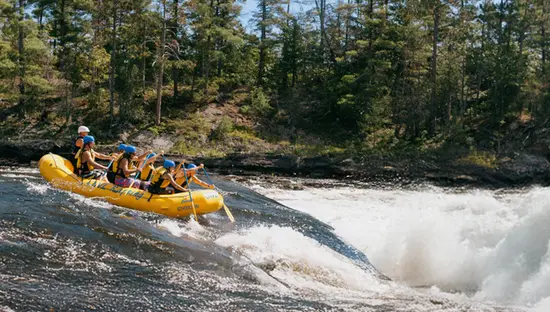 Un grupo de balseros con chalecos salvavidas y cascos remando en una balsa inflable amarilla por el río Ottawa, rodeados por un denso bosque.