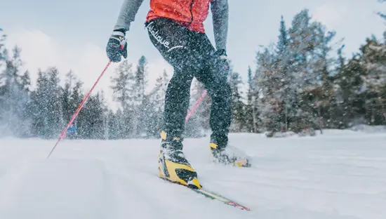 ウィンディ レイク州立公園で、常緑樹を背景に、赤と黒のジャケットを着たクロスカントリー スキーヤーが雪の上を滑走しています。