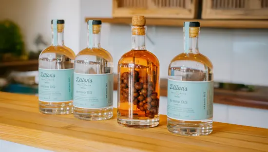 Four bottles of Dillon’s Method 95 vodka placed in a row on a distillery bar, with one bottle infused with whole grapes.
