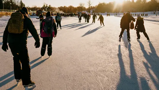  太陽が遠くの常緑樹に沈み、凍った水面に長い影を落とす中、オタワのダウズ湖でスケートを楽しむ人々。