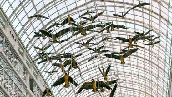  토론토 이튼 센터 내부의 아치형 유리 천장에는 청동 새가 매달려 날아다니고 있으며, 최상층에서 상점 정면이 보입니다.