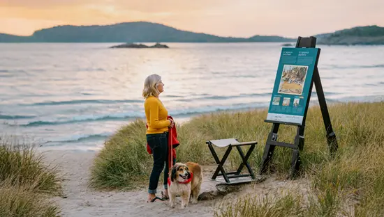 Eine Frau liest in Begleitung ihres Hundes bei Sonnenuntergang am Strand in Algoma Country ein Kunstbild, mit grasbewachsenen Dünen und sanften Wellen entlang der Küste.