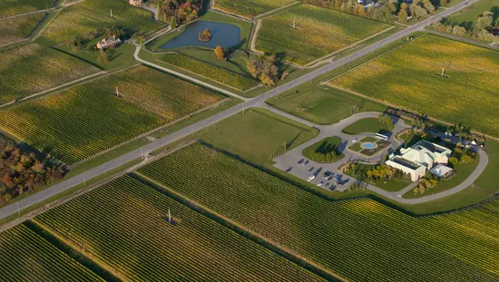 Aerial images of the Chateau des Charmes winery and vineyard in Niagara-on-the-lake.