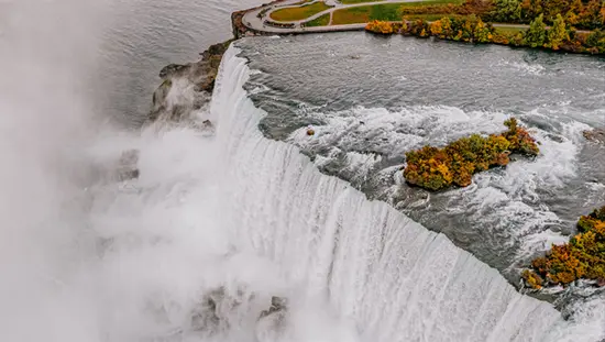 Aerial view of the edge of the mighty waterfall at Niagara Falls.
