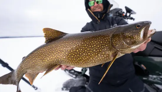 Ein Mann, der in der Browns Clearwater West Lodge Eisfischen geht, hält einen großen Fang hoch.