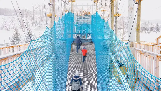 Tres niños caminan a lo largo de un circuito de cuerdas elevado de plataforma en plataforma con un paisaje invernal de fondo.